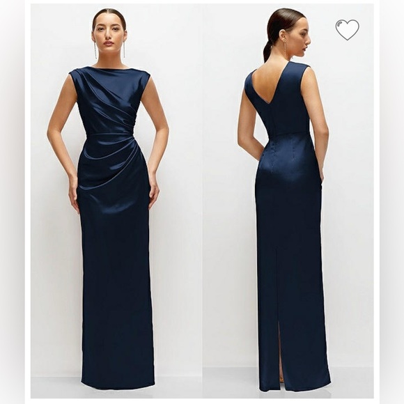 New After Six HIGH NECK SLEEVELESS CAP SHOULDER SATIN MAXI DRESS MIDNIGHT XS - Picture 3 of 7